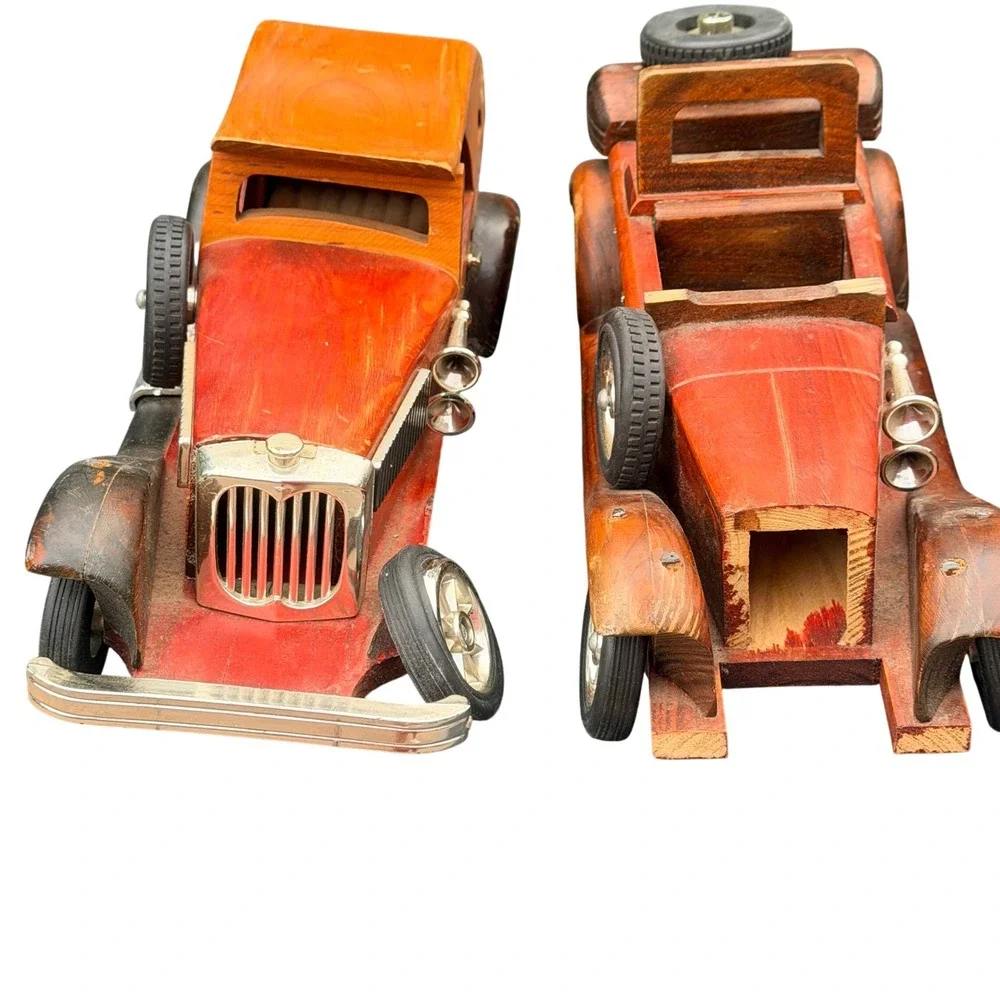 Vintage Wooden Model Car Set 4pc Antique Style Decorative Wood Toy Vehicles DIY